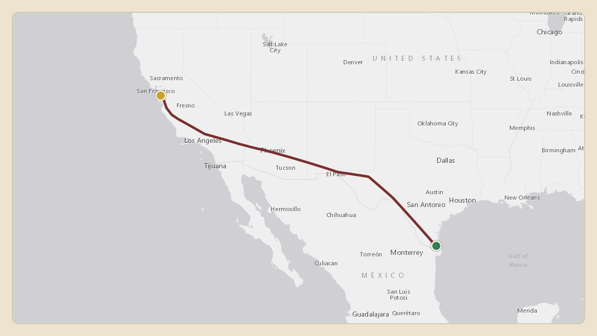 Flight path for Elon Musk's N450GG from KBRO — Brownsville South Padre Island International Airport to KSJC — Norman Y. Mineta San Jose International Airport