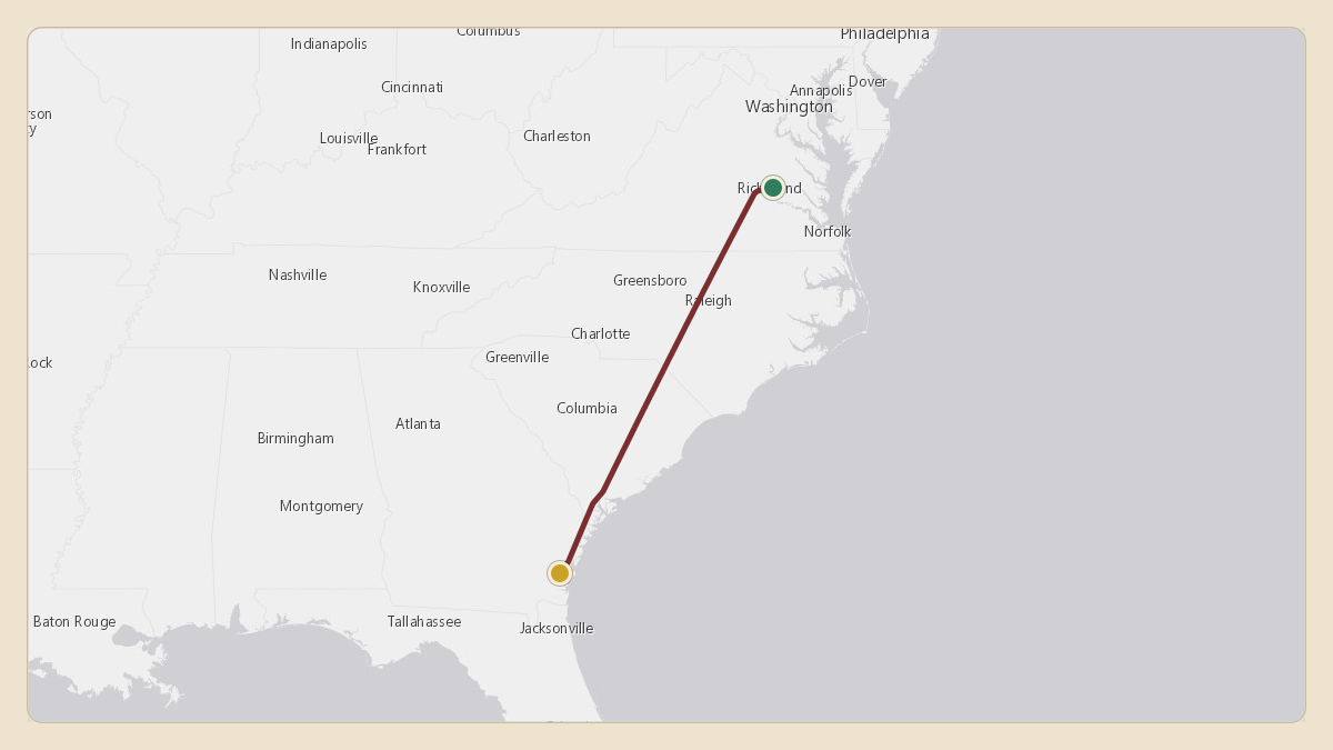 Flight path for Kash Patel's N708JH from KRIC — Richmond International Airport to KBQK — Brunswick Golden Isles Airport