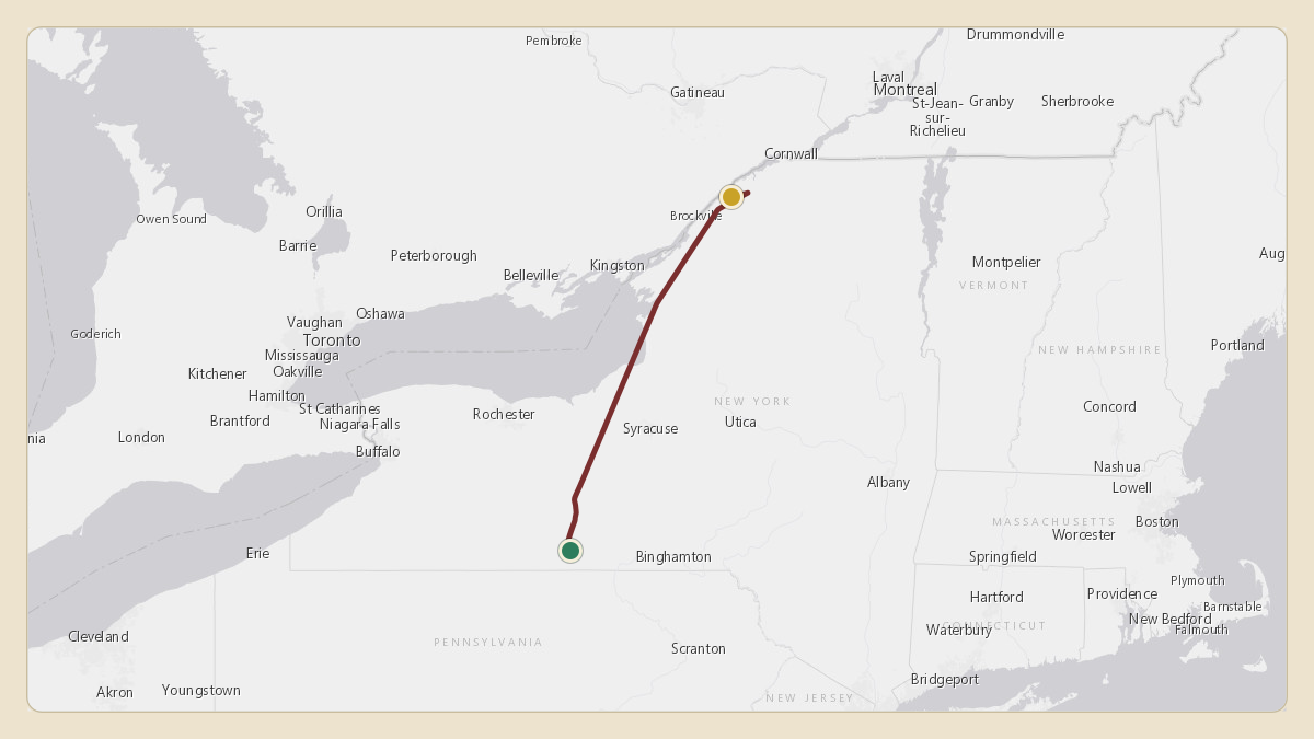 Flight path for Corning's N38CG from KELM — Elmira Corning Regional Airport to KOGS — Ogdensburg International Airport