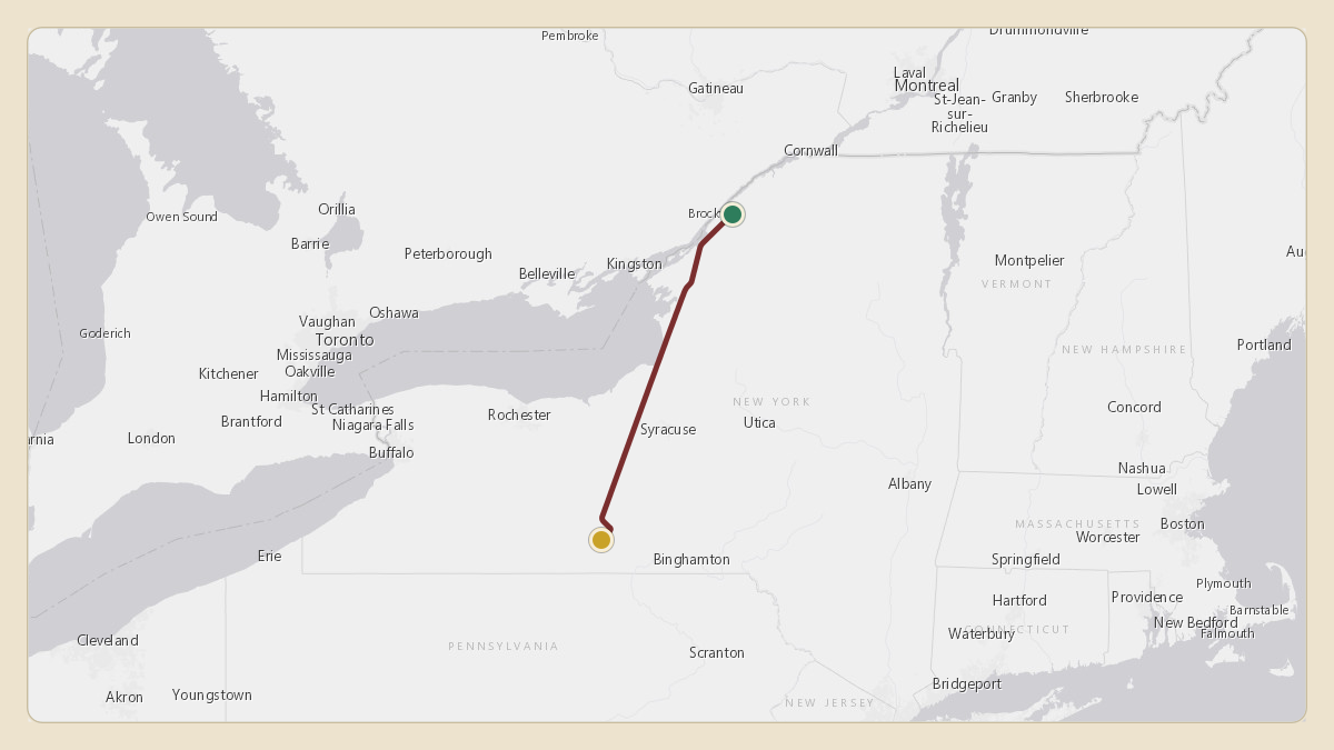 Flight path for Corning's N38CG from KOGS — Ogdensburg International Airport to KELM — Elmira Corning Regional Airport