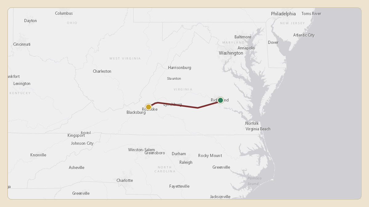Flight path for Glenn Youngkin's N2VA from KRIC — Richmond International Airport to KROA — Roanoke–Blacksburg Regional Airport