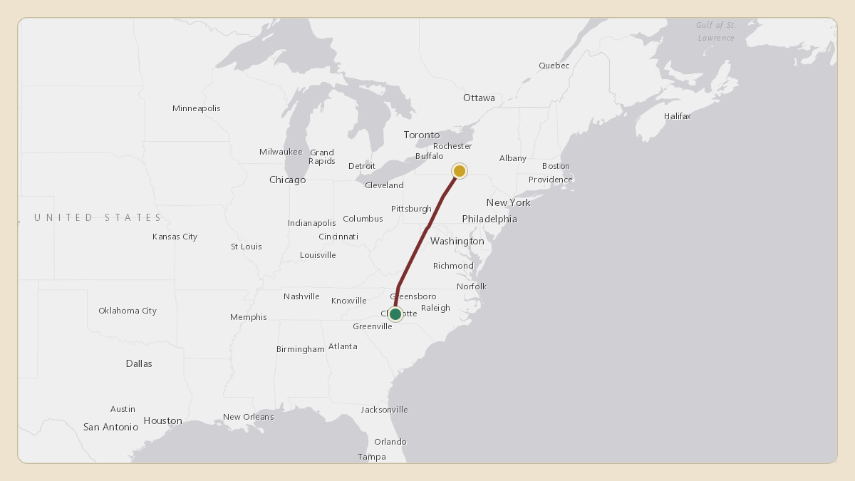 Flight path for Corning's N28CG from KCLT — Charlotte Douglas International Airport to KELM — Elmira Corning Regional Airport