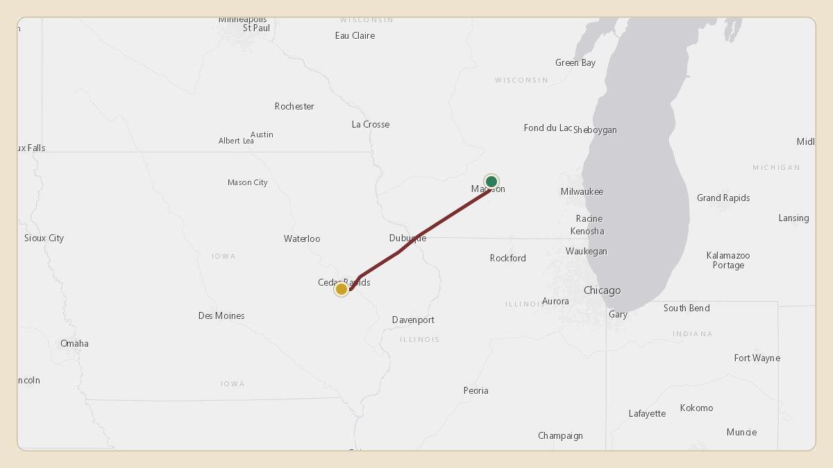 Flight path for Hobby Lobby's N472HL from KMSN — Dane County Regional Truax Field to KCID — The Eastern Iowa Airport
