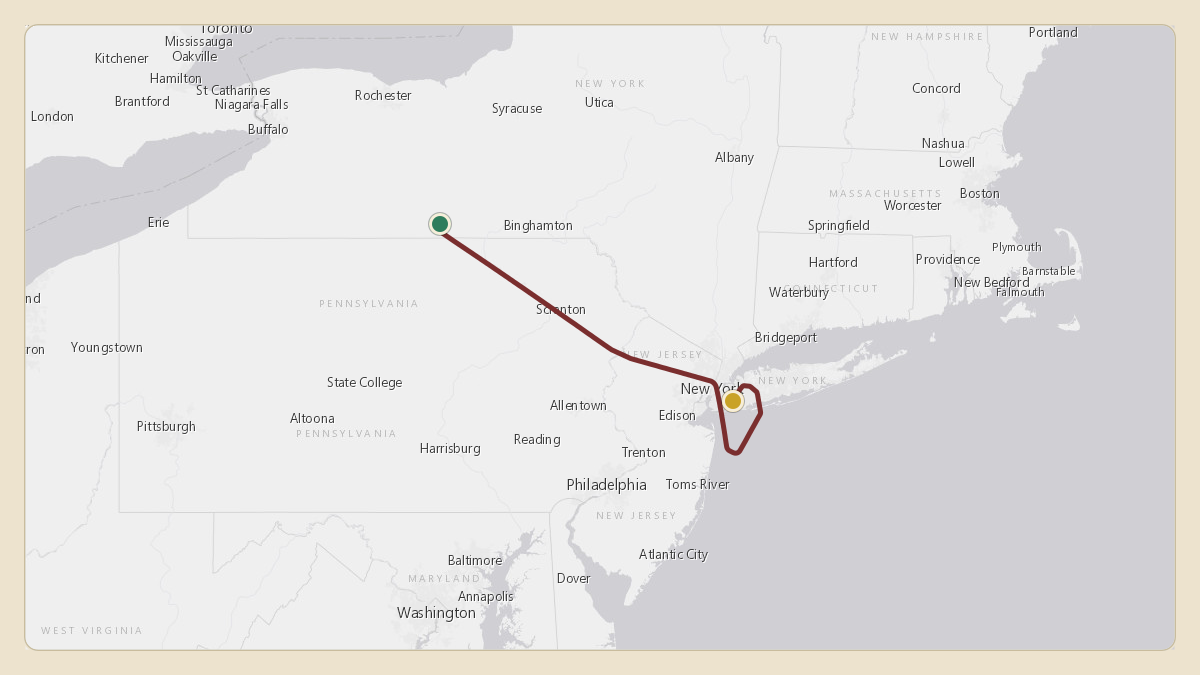 Flight path for Corning's N28CG from KELM — Elmira Corning Regional Airport to KJFK — John F. Kennedy International Airport