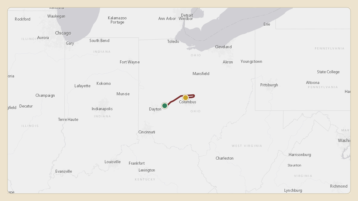 Flight path for Mike DeWine's N387LJ from KSGH — Springfield-Beckley Municipal Airport to KOSU — The Ohio State University Airport - Don Scott Field