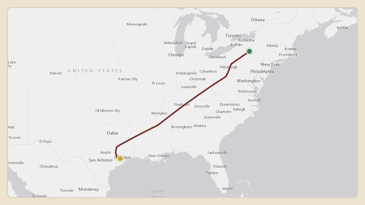 Flight path for Corning's N38CG from KELM — Elmira Corning Regional Airport to KSGR — Sugar Land Regional Airport