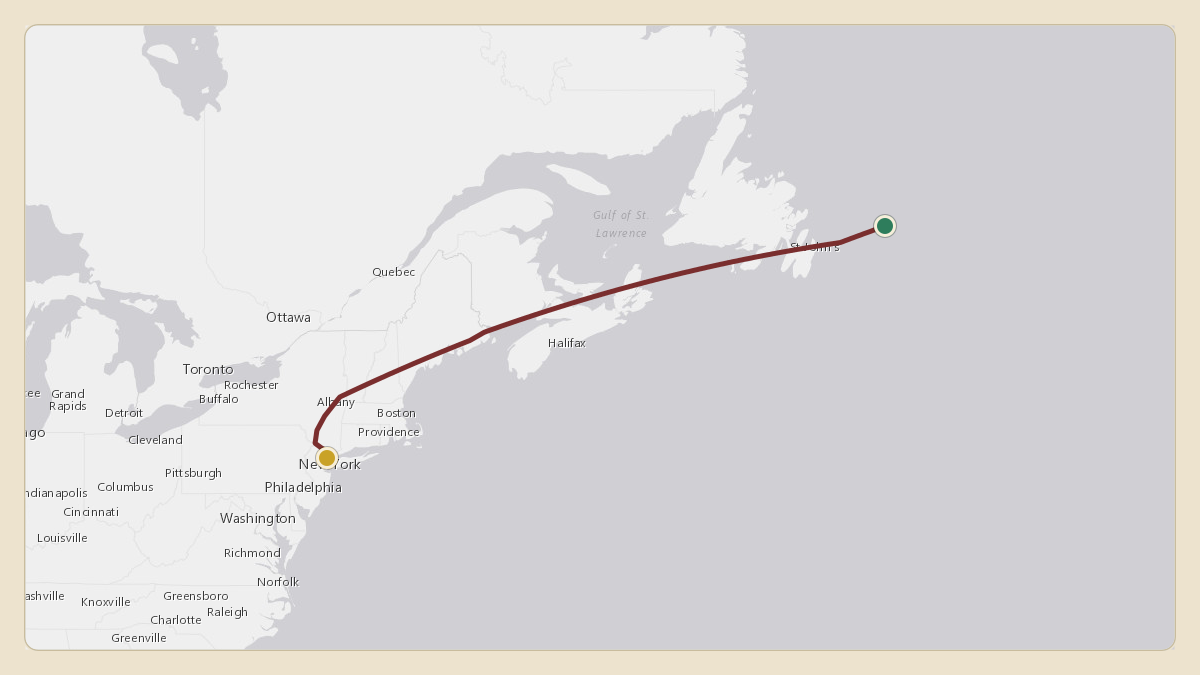 Flight path for Rodolphe Saade's OE-LYS from 48.11°, -49.56° to KTEB — Teterboro Airport