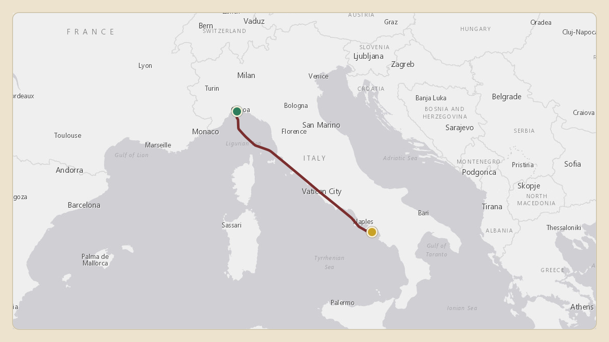 Flight path for Len Blavatnik's N761LE from LIMJ — Genoa Cristoforo Colombo Airport to LIRI — Salerno Costa d'Amalfi Airport