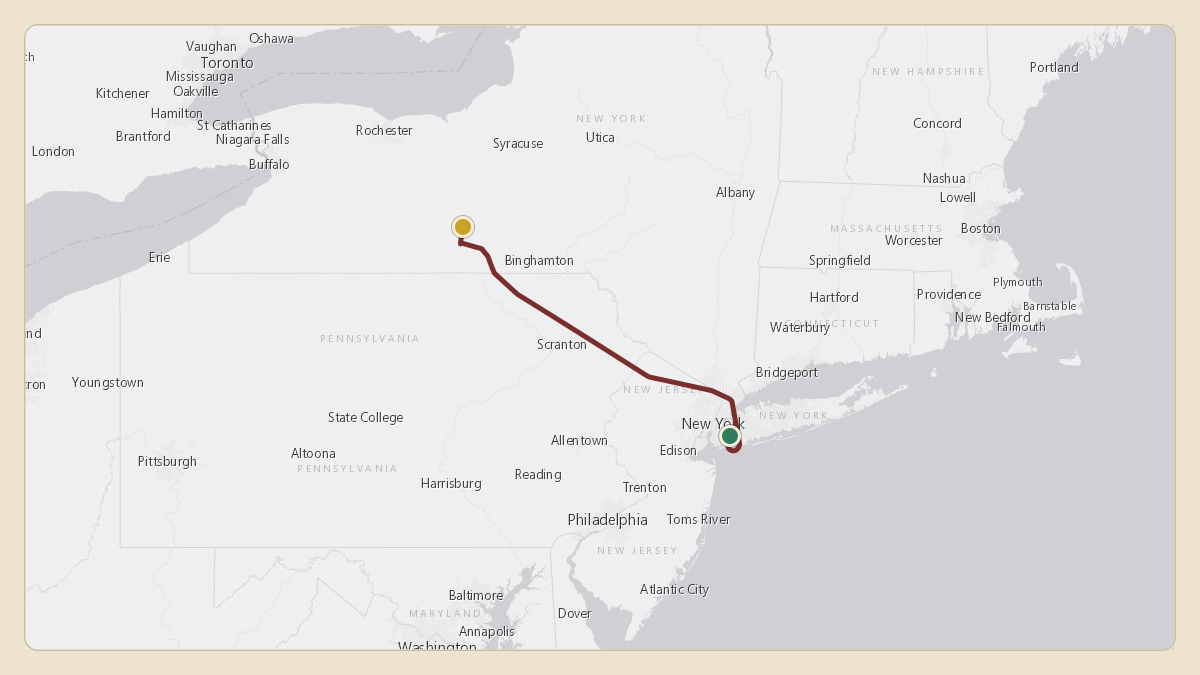 Flight path for Corning's N28CG from KJFK — John F. Kennedy International Airport to KELM — Elmira Corning Regional Airport