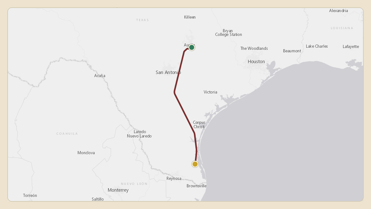 Flight path for Elon Musk's N450GG from KAUS — Austin Bergstrom International Airport to KHRL — Valley International Airport