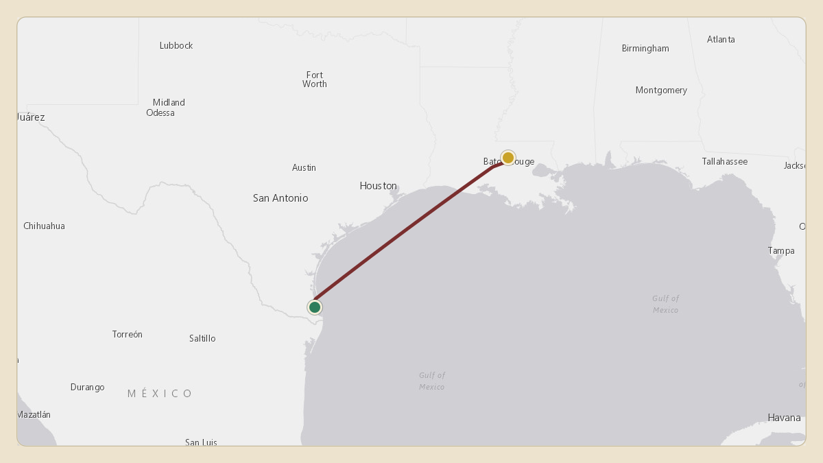 Flight path for Elon Musk's N450GG from MMMA — General Servando Canales International Airport to KBTR — Baton Rouge Metropolitan Airport