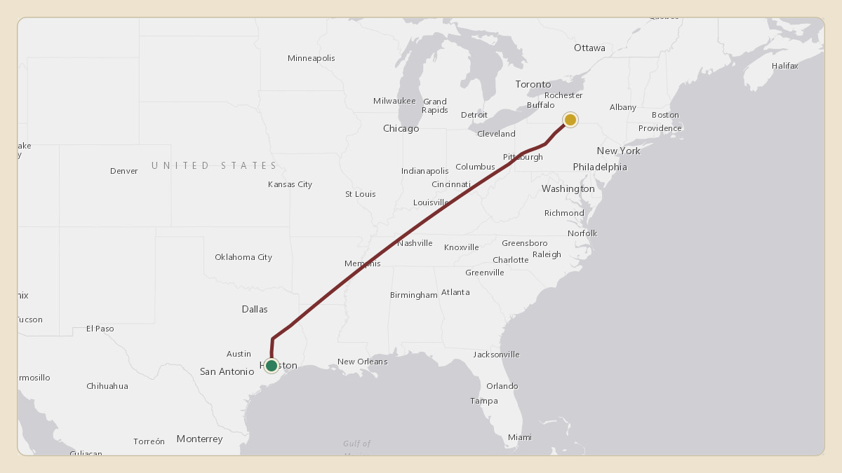 Flight path for Corning's N38CG from KSGR — Sugar Land Regional Airport to KELM — Elmira Corning Regional Airport