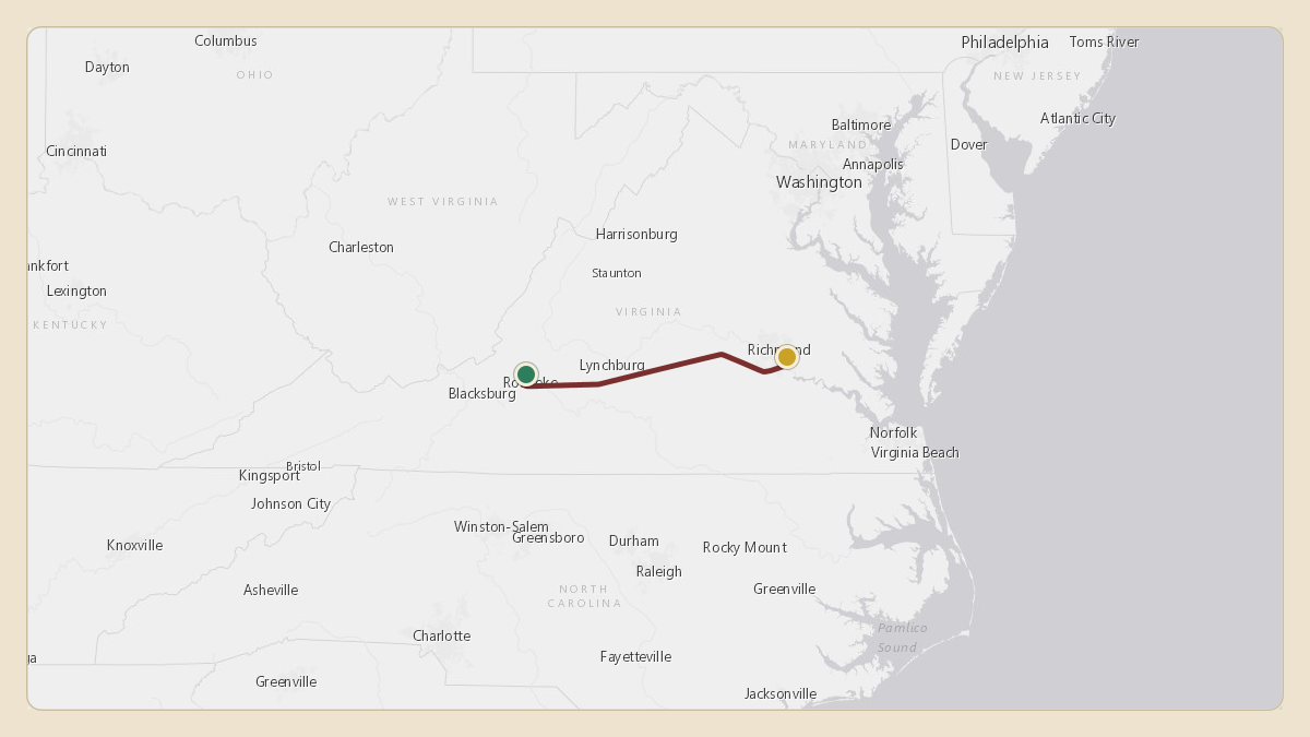 Flight path for Glenn Youngkin's N2VA from KROA — Roanoke–Blacksburg Regional Airport to KRIC — Richmond International Airport