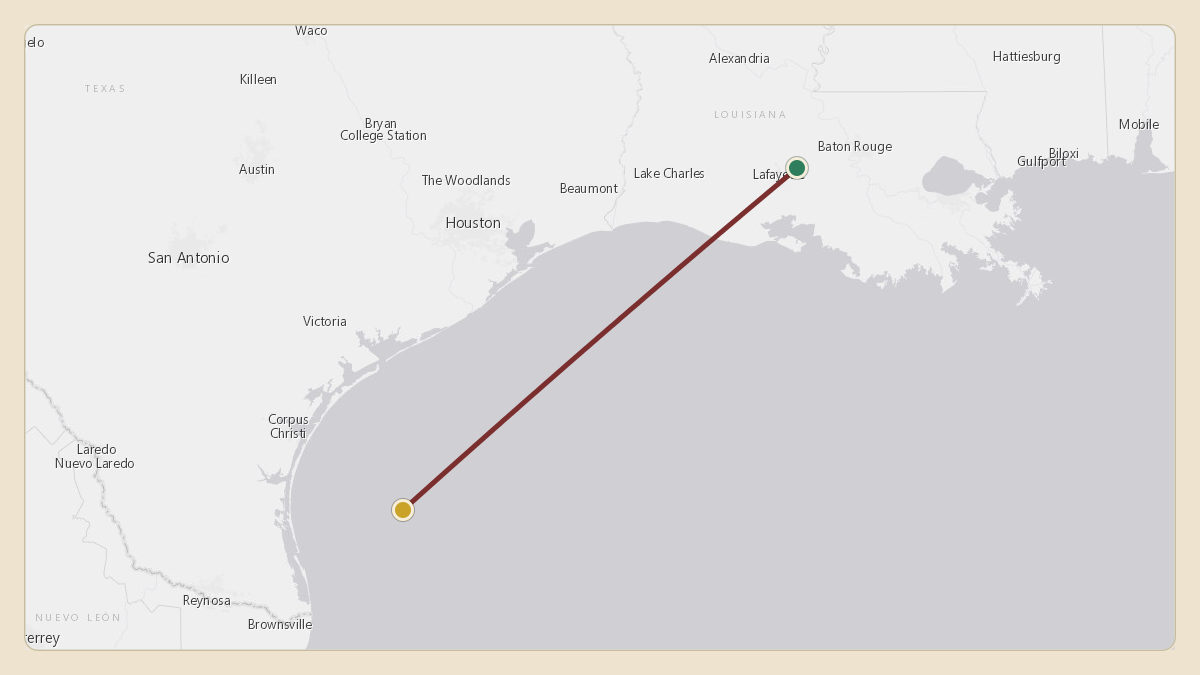 Flight path for Elon Musk's N628TS from KBTR — Baton Rouge Metropolitan Airport to KAUS — Austin-Bergstrom International Airport