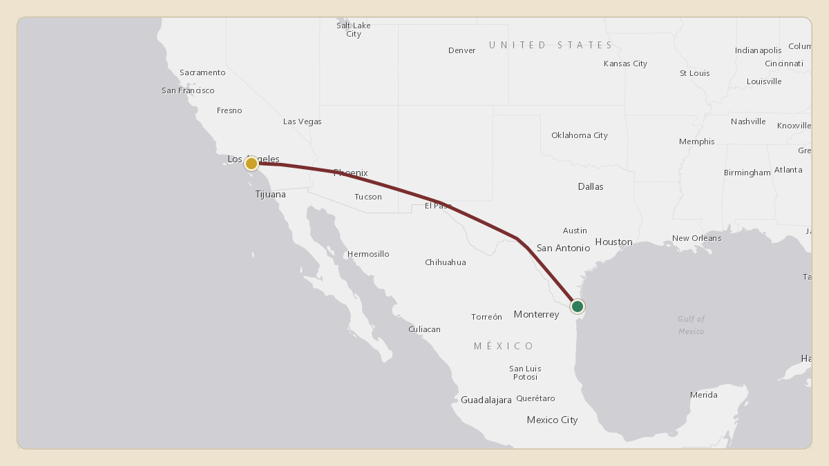 Flight path for Elon Musk's N628TS from KBRO — Brownsville South Padre Island International Airport to KLAX — Los Angeles International Airport
