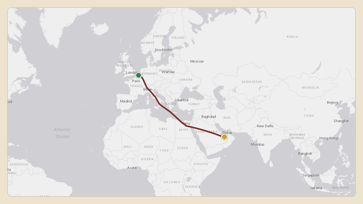 Flight path for Sheikh Mohammed bin Rashid Al Maktoum's A6-COM from EBCV — Chièvres Air Base to OESB — Shaibah Airport