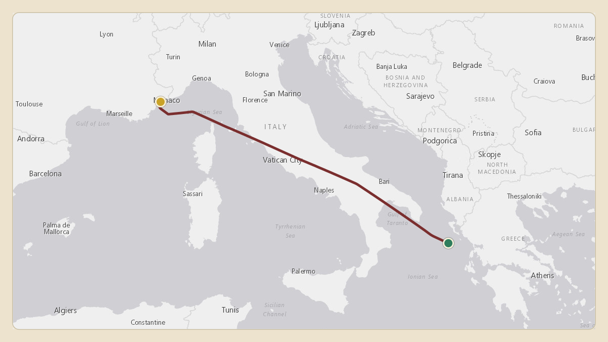 Flight path for Prince Albert II's 3A-MGA from 39.05°, 19.68° to LFMN — Nice-Côte d'Azur Airport