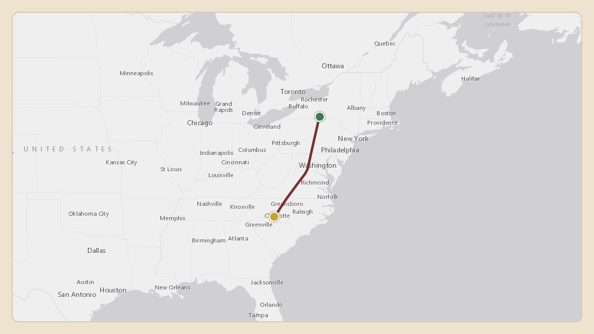 Flight path for Corning's N28CG from KELM — Elmira Corning Regional Airport to KCLT — Charlotte Douglas International Airport