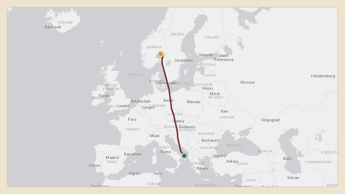 Flight path for Petter Stordalen's LN-STB from LIBR — Brindisi Airport to ENGM — Oslo-Gardermoen International Airport