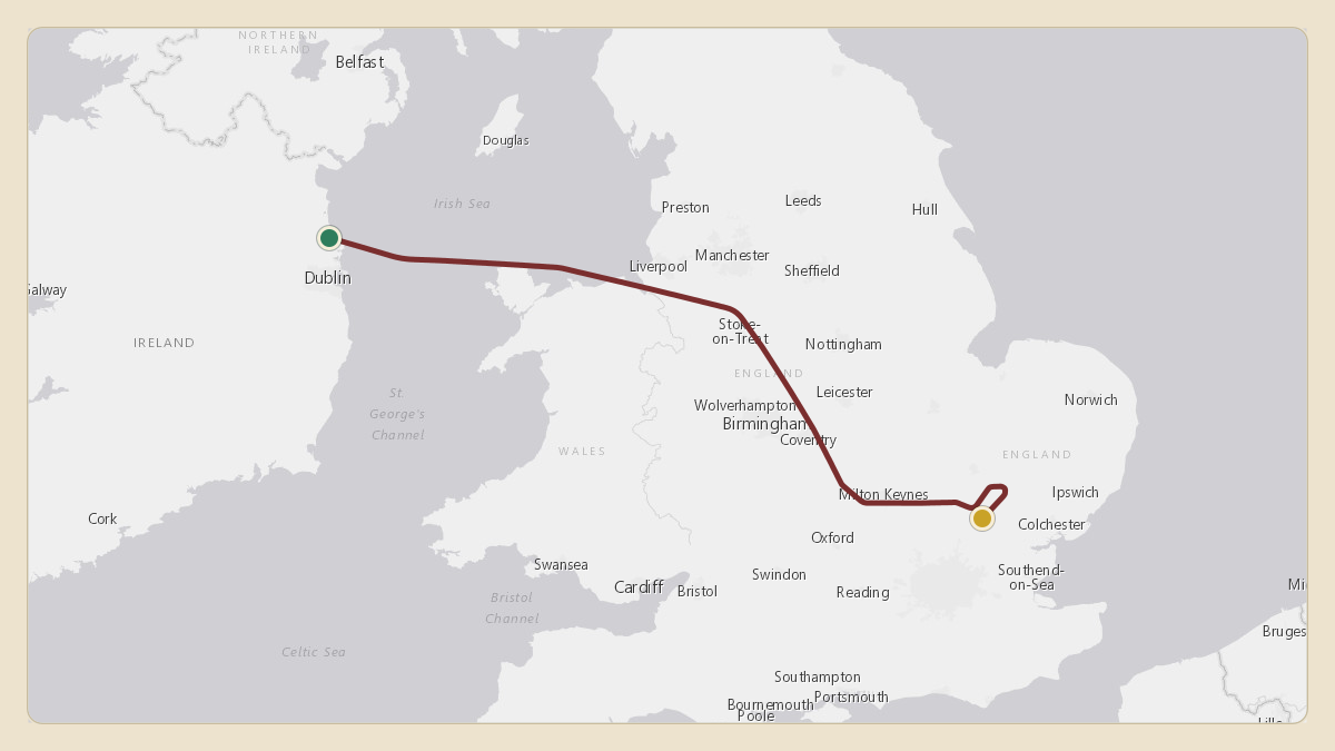 Flight path for UK Government / Royal Flight's G-GBNI from EICD — Craddenstown Airfield to EGSS — London Stansted Airport