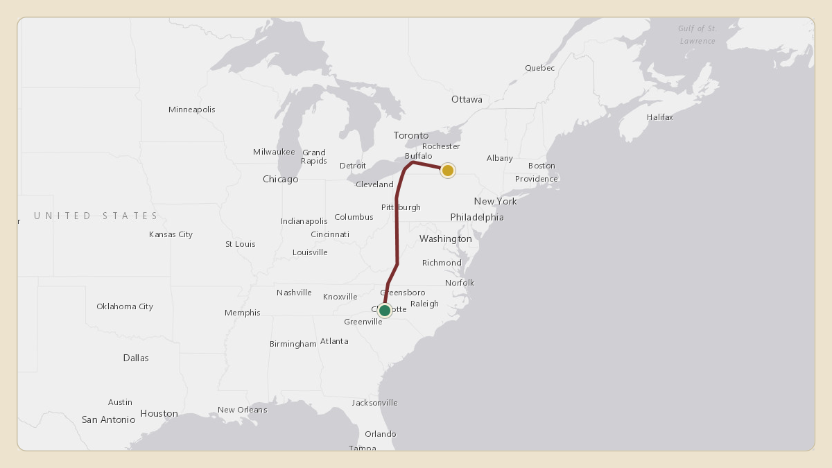 Flight path for Corning's N28CG from KCLT — Charlotte Douglas International Airport to KELM — Elmira Corning Regional Airport