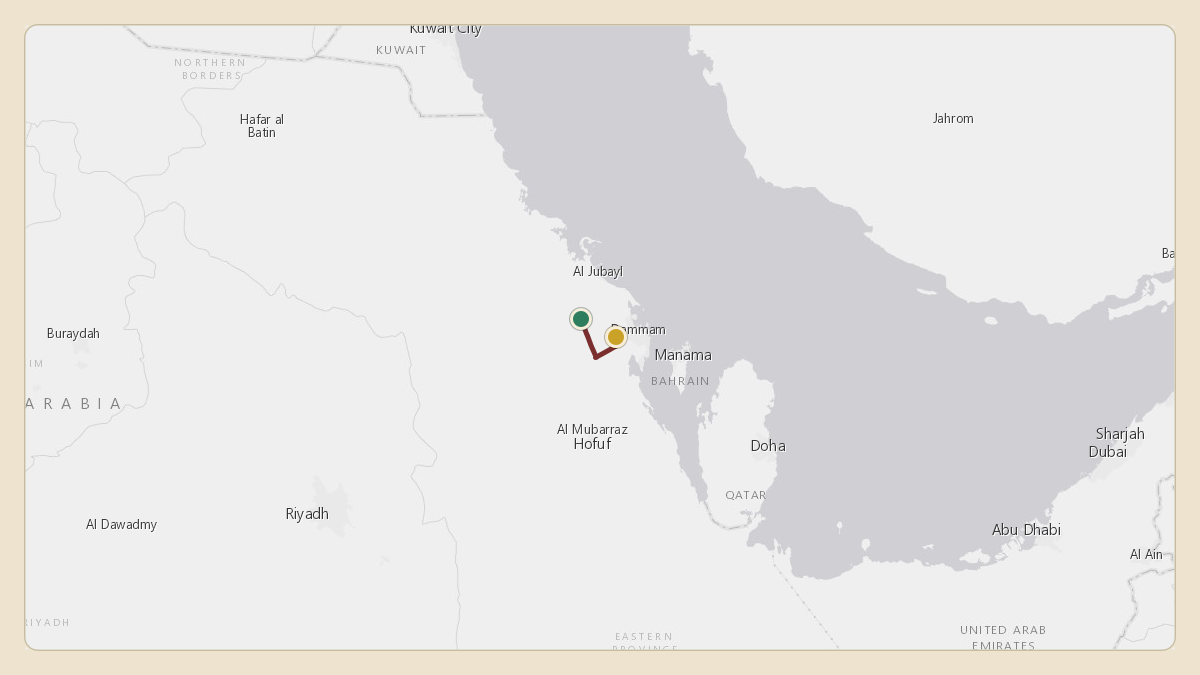 Flight path for Saudi Aramco's N801XA from OEJB — Jubail Airport to OEDF — King Fahd International Airport