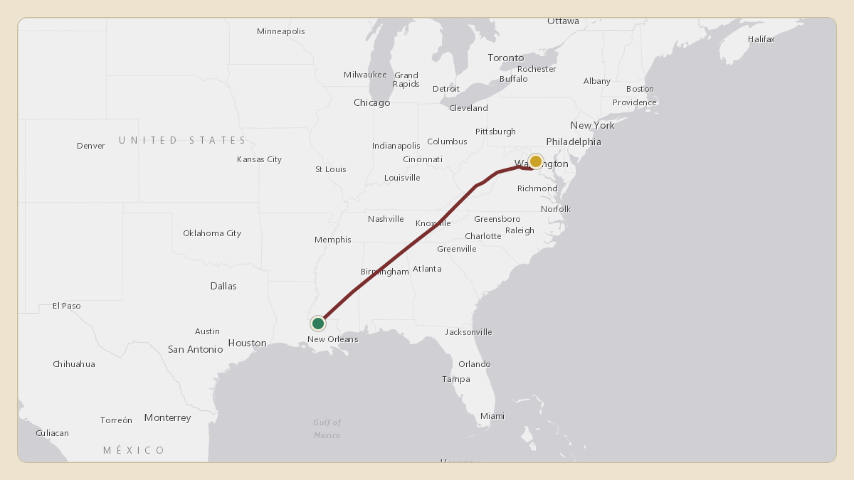 Flight path for Elon Musk's N450GG from KBTR — Baton Rouge Metropolitan Airport to KIAD — Washington Dulles International Airport