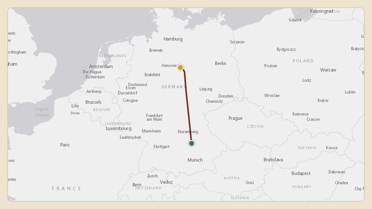 Flight path for Volkswagen's D-AGBA from EDDM — Munich Airport to EDVE — Braunschweig-Wolfsburg Airport