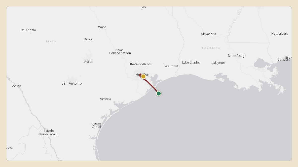 Flight path for Rick Ross's N33055 from 28.64°, -94.33° to KHOU — William P. Hobby Airport