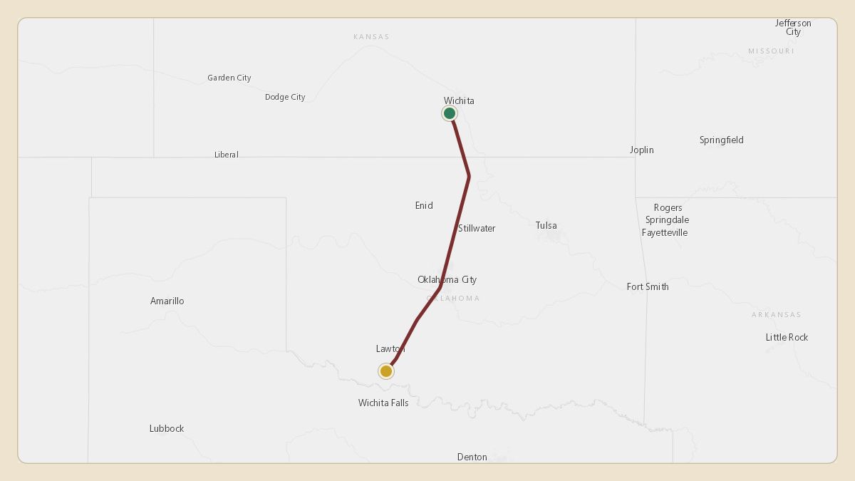 Flight path for Stan Kroenke's N729KF from KICT — Wichita Dwight D. Eisenhower National Airport to KLAW — Lawton Fort Sill Regional Airport