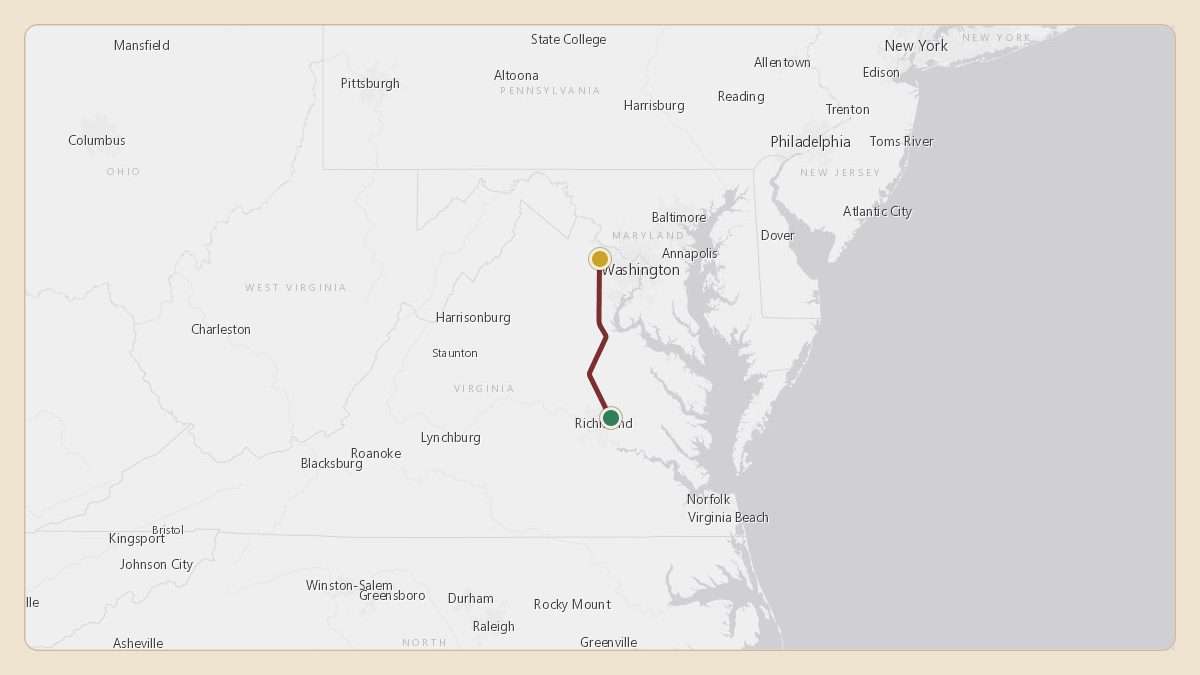 Flight path for Glenn Youngkin's N2VA from KRIC — Richmond International Airport to KIAD — Washington Dulles International Airport