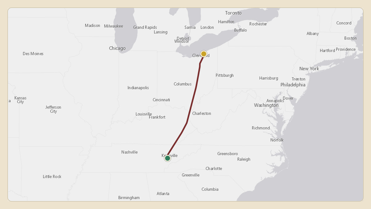 Flight path for Jimmy Haslam's N715CB from KTYS — McGhee Tyson Airport to KCGF — Cuyahoga County Airport