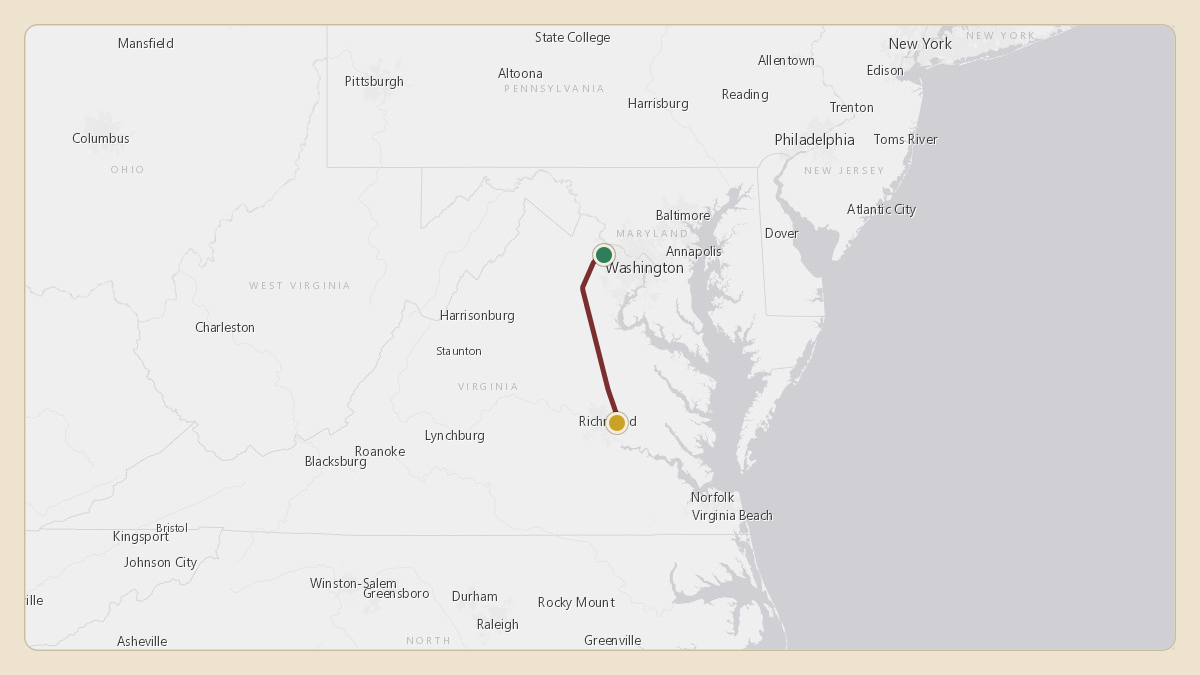 Flight path for Glenn Youngkin's N2VA from KIAD — Washington Dulles International Airport to KRIC — Richmond International Airport