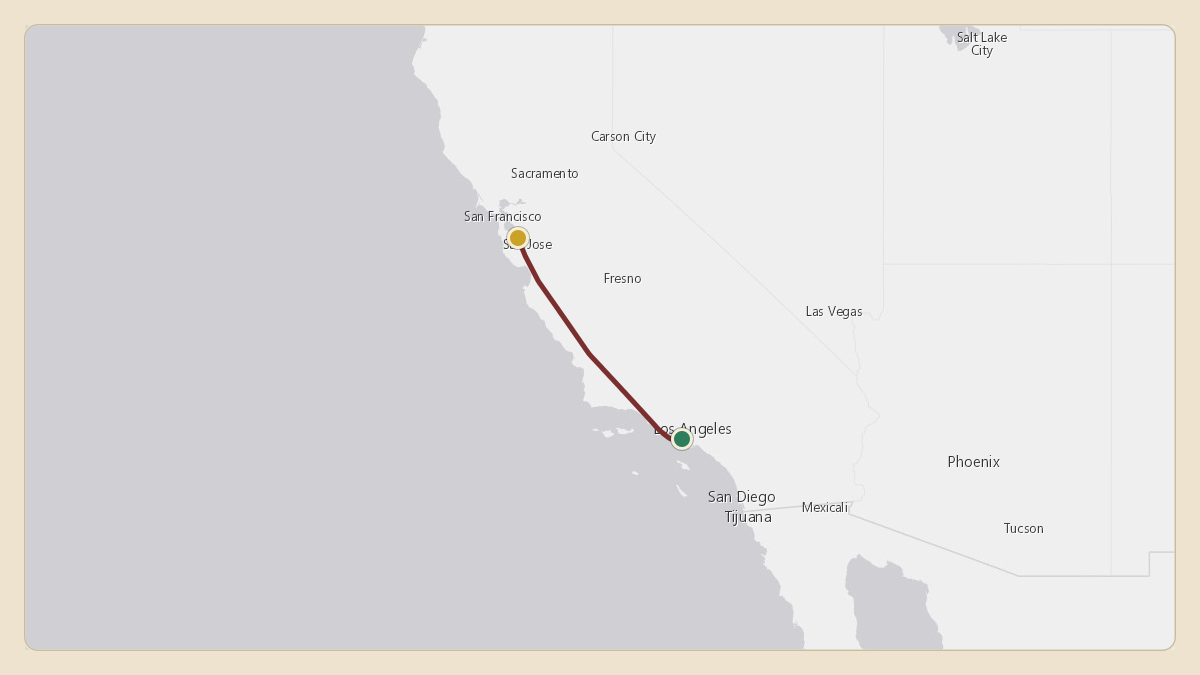Flight path for Elon Musk's N628TS from KLGB — Long Beach International Airport to KNUQ — Moffett Federal Airfield