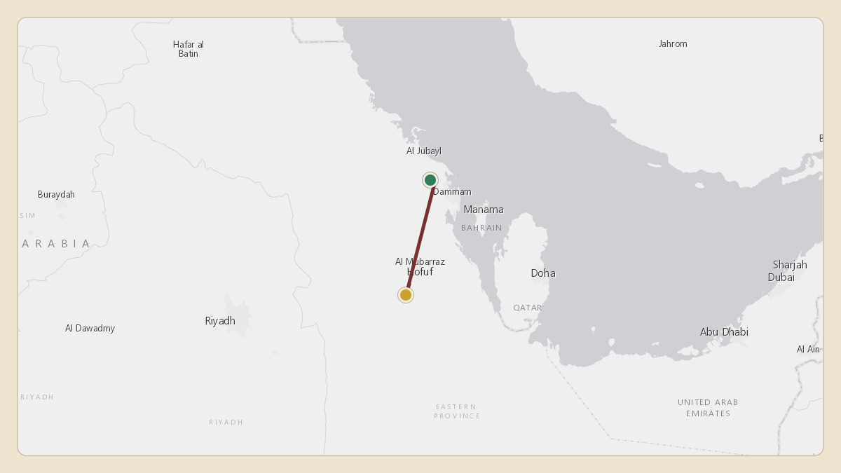 Flight path for Saudi Aramco's N801XA from OEDF — King Fahd International Airport to OEUD — Udhailiyah Airport