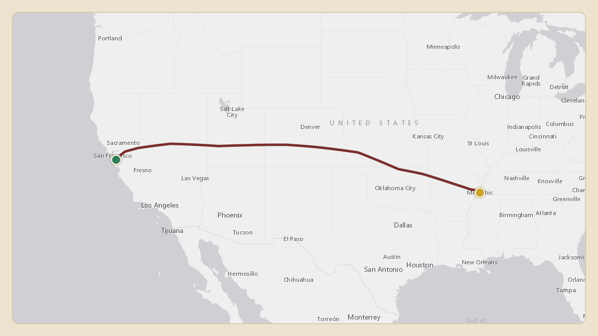 Flight path for Elon Musk's N628TS from KNUQ — Moffett Federal Airfield to KMEM — Memphis International Airport