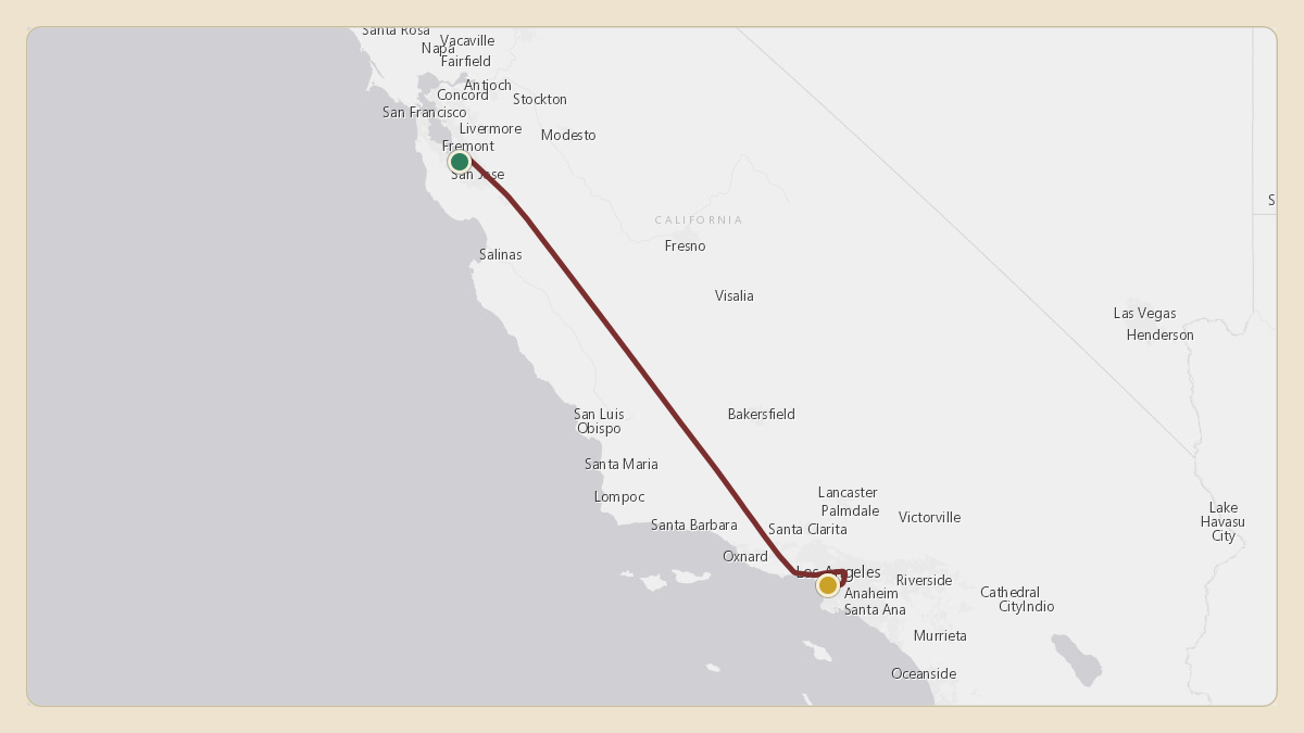 Flight path for Elon Musk's N272BG from KNUQ — Moffett Federal Airfield to KLAX — Los Angeles International Airport
