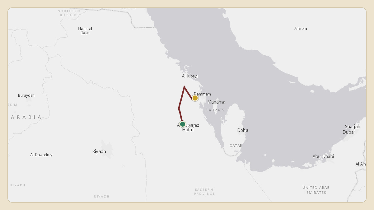 Flight path for Saudi Aramco's N801XA from OEAH — Al-Ahsa International Airport to OEDF — King Fahd International Airport