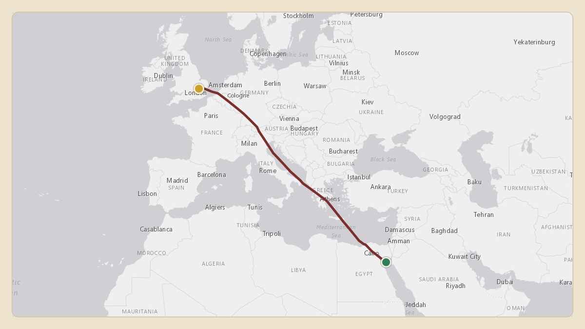 Flight path for Sultan Haitham / Oman Royal Flight's A4O-AJ from HETR — At Tur Airport to EGSS — London Stansted Airport
