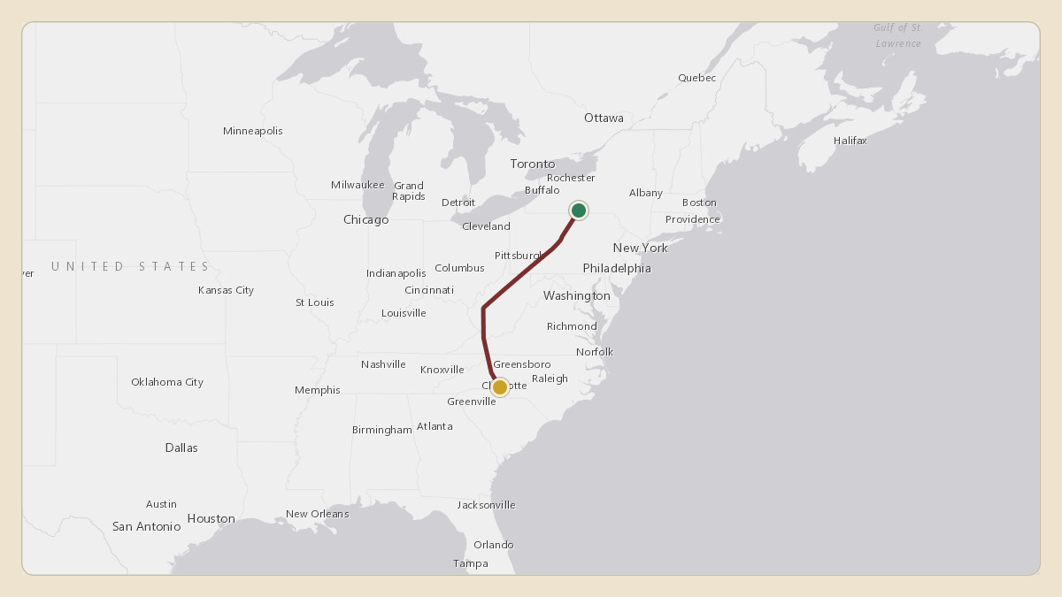 Flight path for Corning's N28CG from KELM — Elmira Corning Regional Airport to KCLT — Charlotte Douglas International Airport