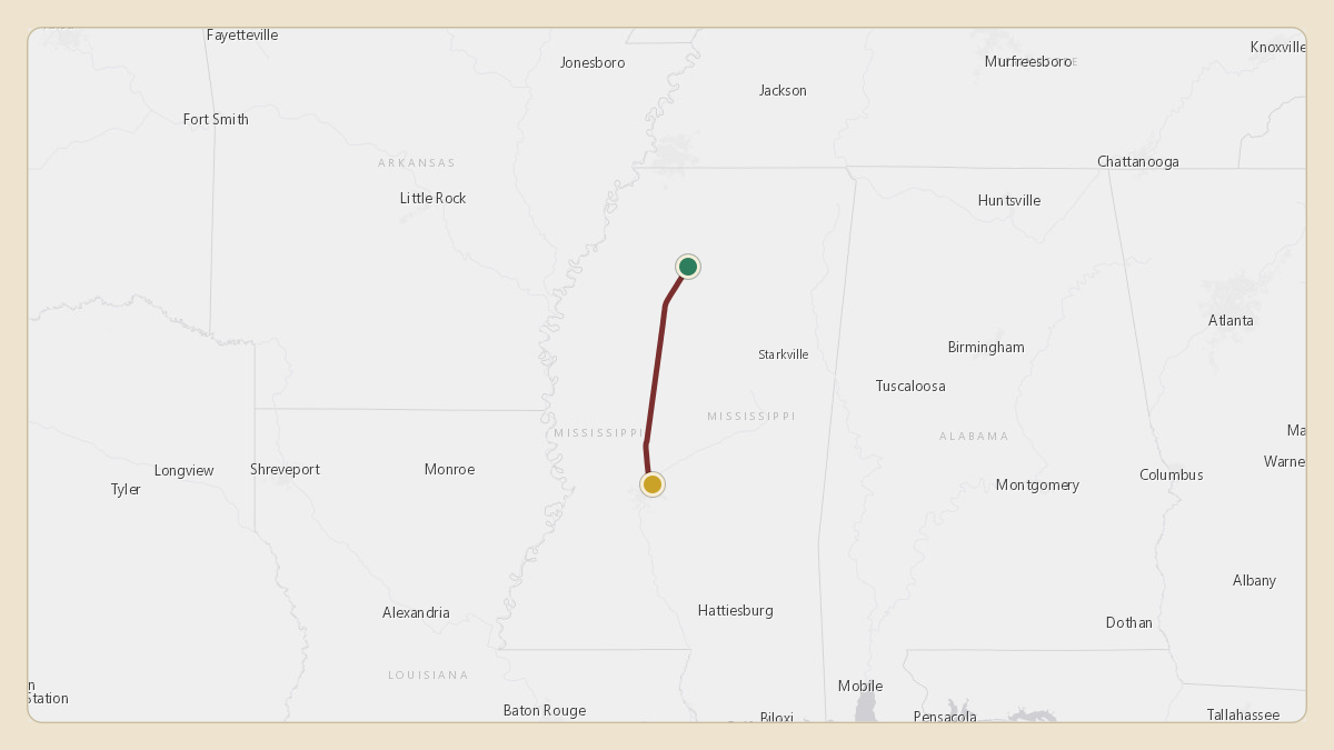 Flight path for Pete Golding's N1UM from KUOX — University Oxford Airport to KJAN — Jackson-Medgar Wiley Evers International Airport