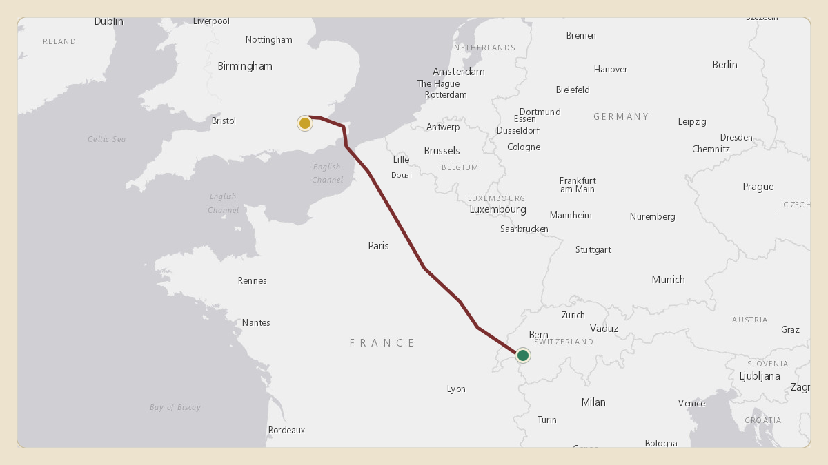 Flight path for Bernie Ecclestone's M-REEE from LSYZ — Altiport du Glacier de Tsanfleuron to EGKN — Kenley Glider Field