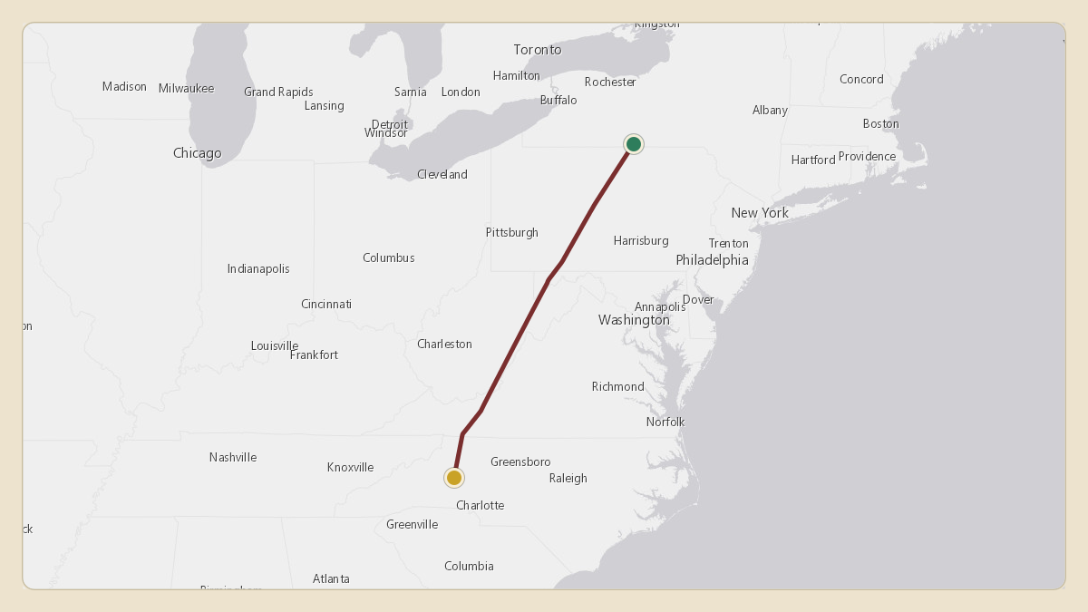 Flight path for Corning's N38CG from KELM — Elmira Corning Regional Airport to KHKY — Hickory Regional Airport