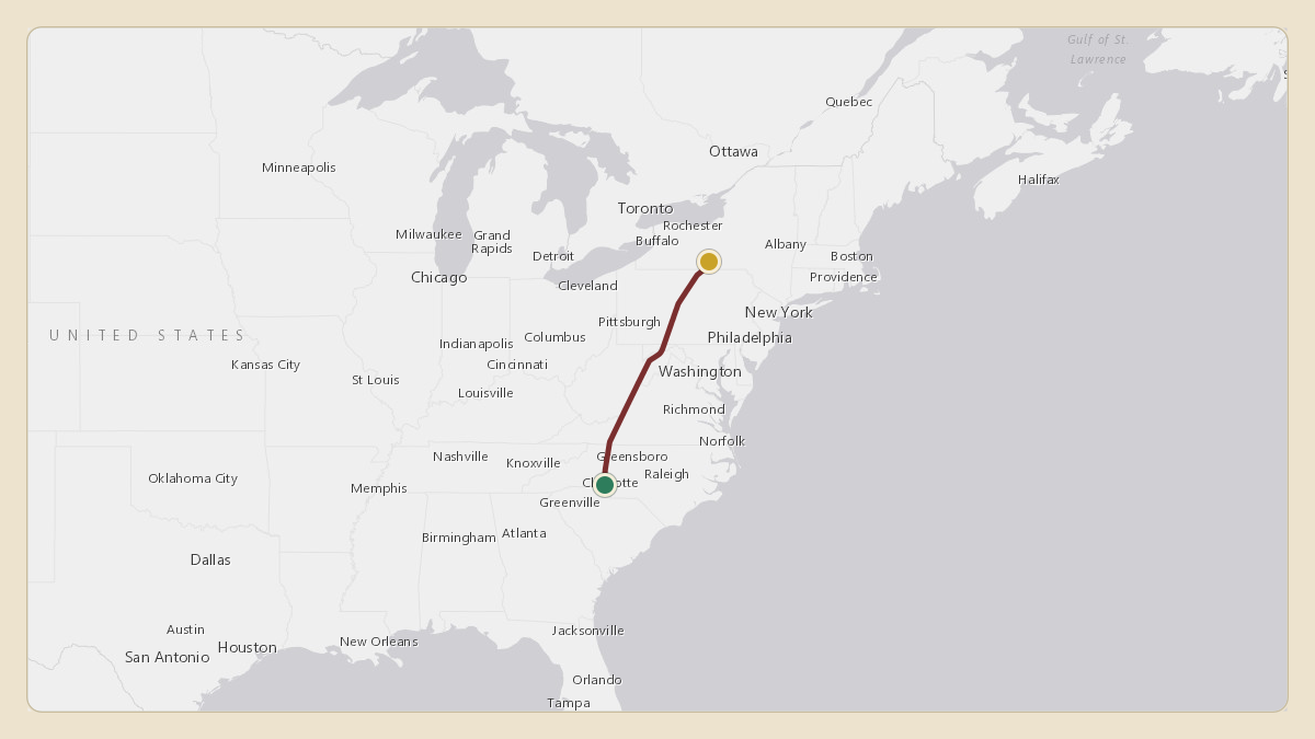 Flight path for Corning's N28CG from KCLT — Charlotte Douglas International Airport to KELM — Elmira Corning Regional Airport