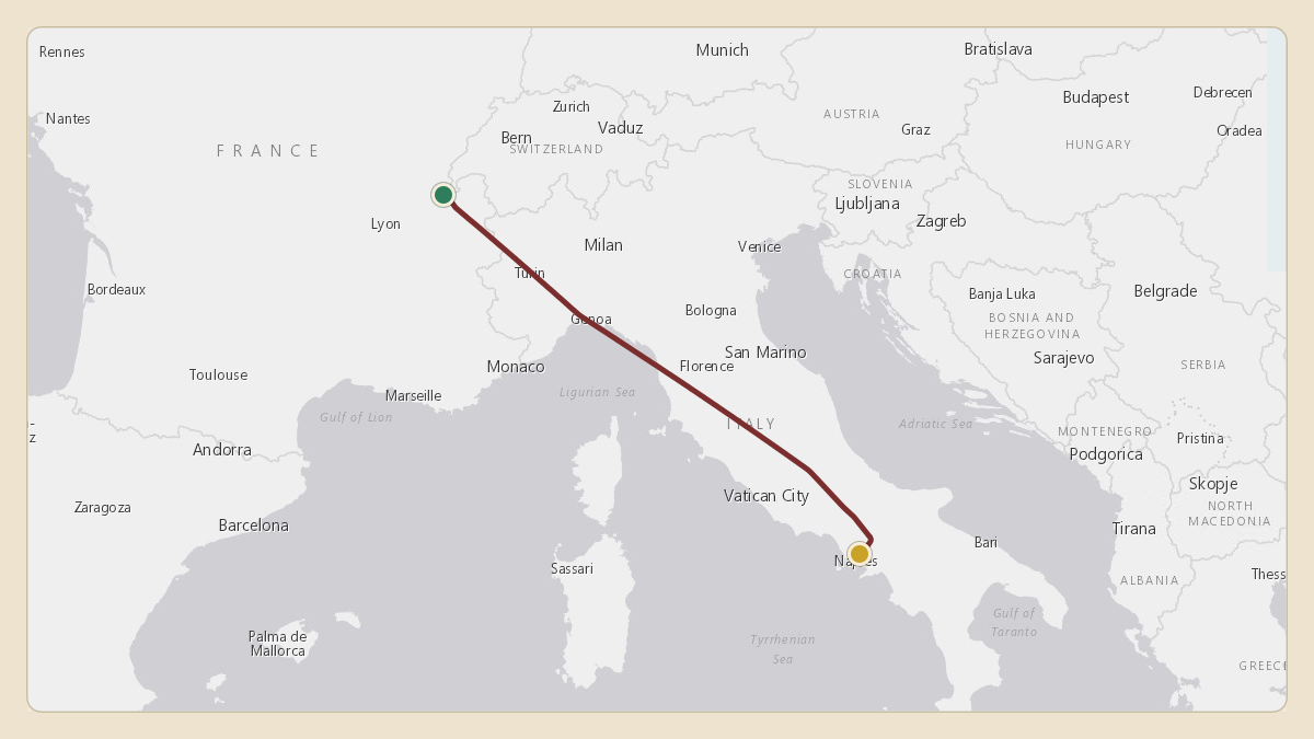 Flight path for Gianluigi Aponte's HB-JLD from LSGG — Geneva International Airport to LIRN — Naples International Airport