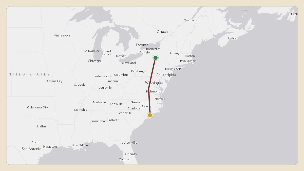 Flight path for Corning's N28CG from KELM — Elmira Corning Regional Airport to KILM — Wilmington International Airport