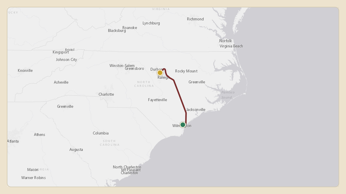 Flight path for Corning's N28CG from KILM — Wilmington International Airport to KRDU — Raleigh-Durham International Airport
