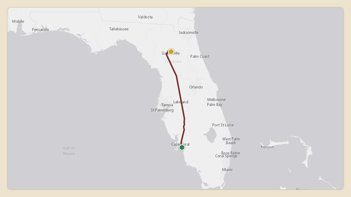 Flight path for Jon Sumrall's N100FG from 1FD4 — Corkscrew Trace Airpark to KGNV — Gainesville Regional Airport