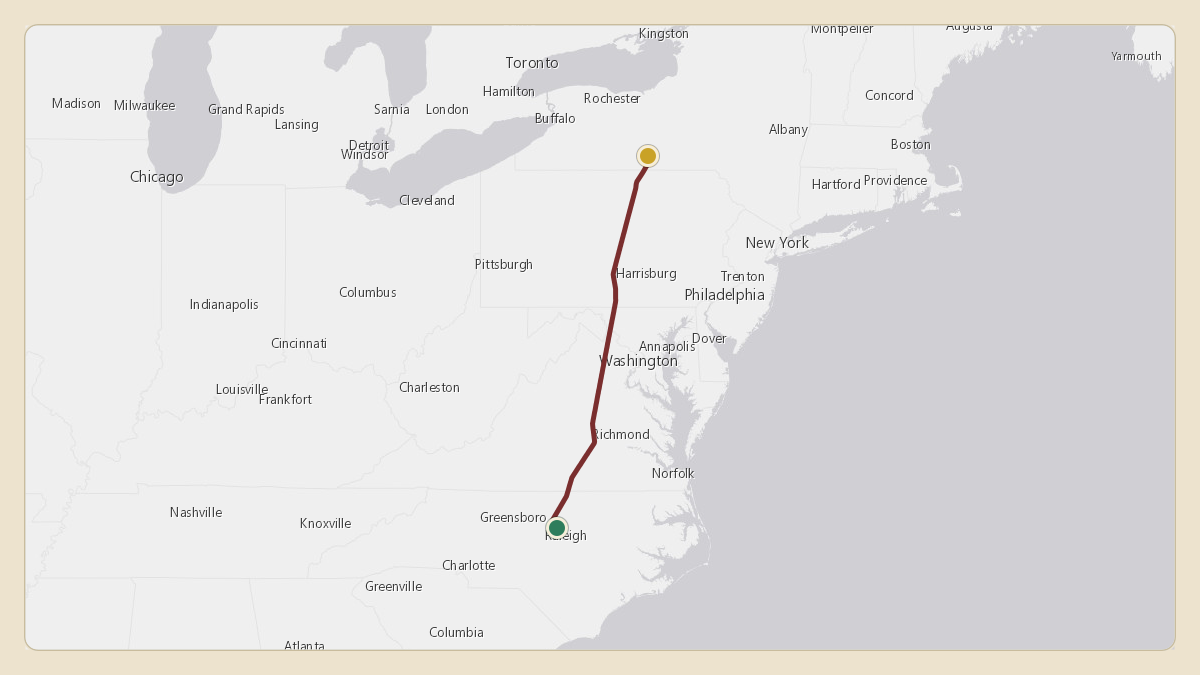 Flight path for Corning's N28CG from KRDU — Raleigh-Durham International Airport to KELM — Elmira Corning Regional Airport