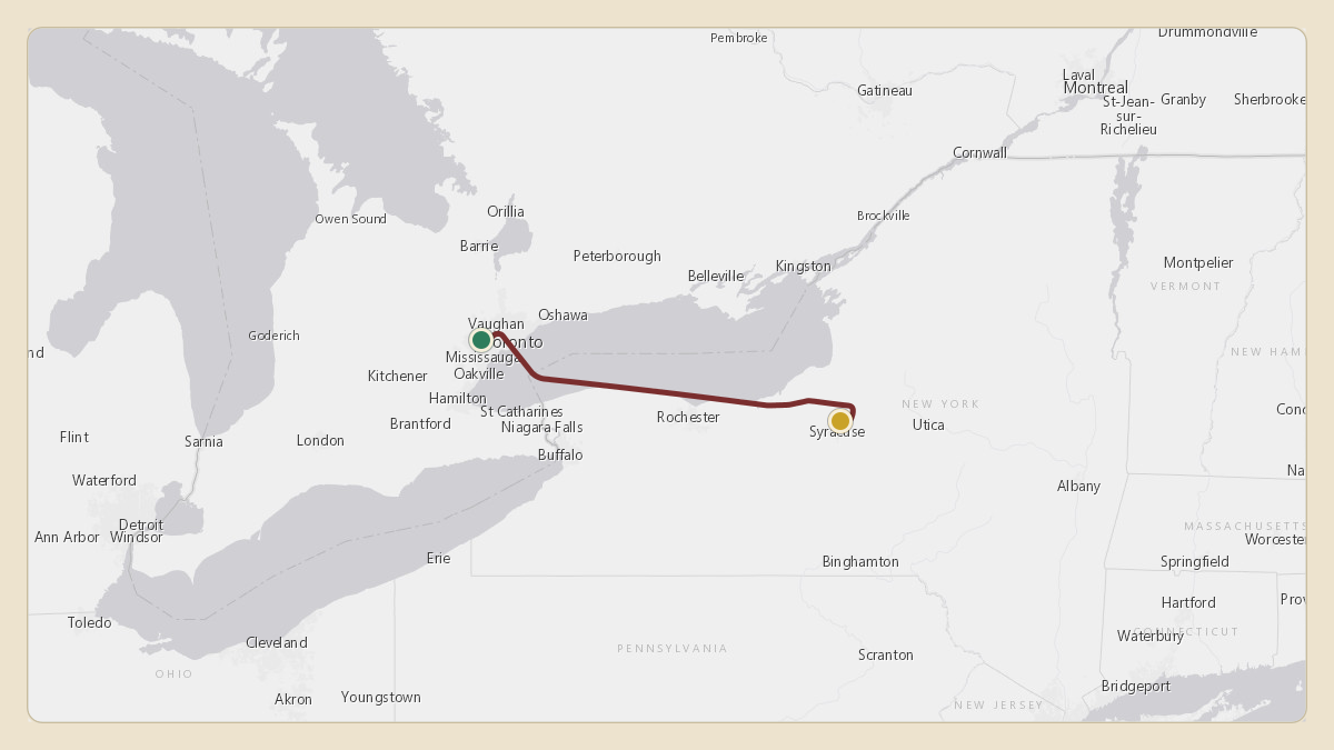 Flight path for Corning's N38CG from CYYZ — Toronto Pearson International Airport to KSYR — Syracuse Hancock International Airport